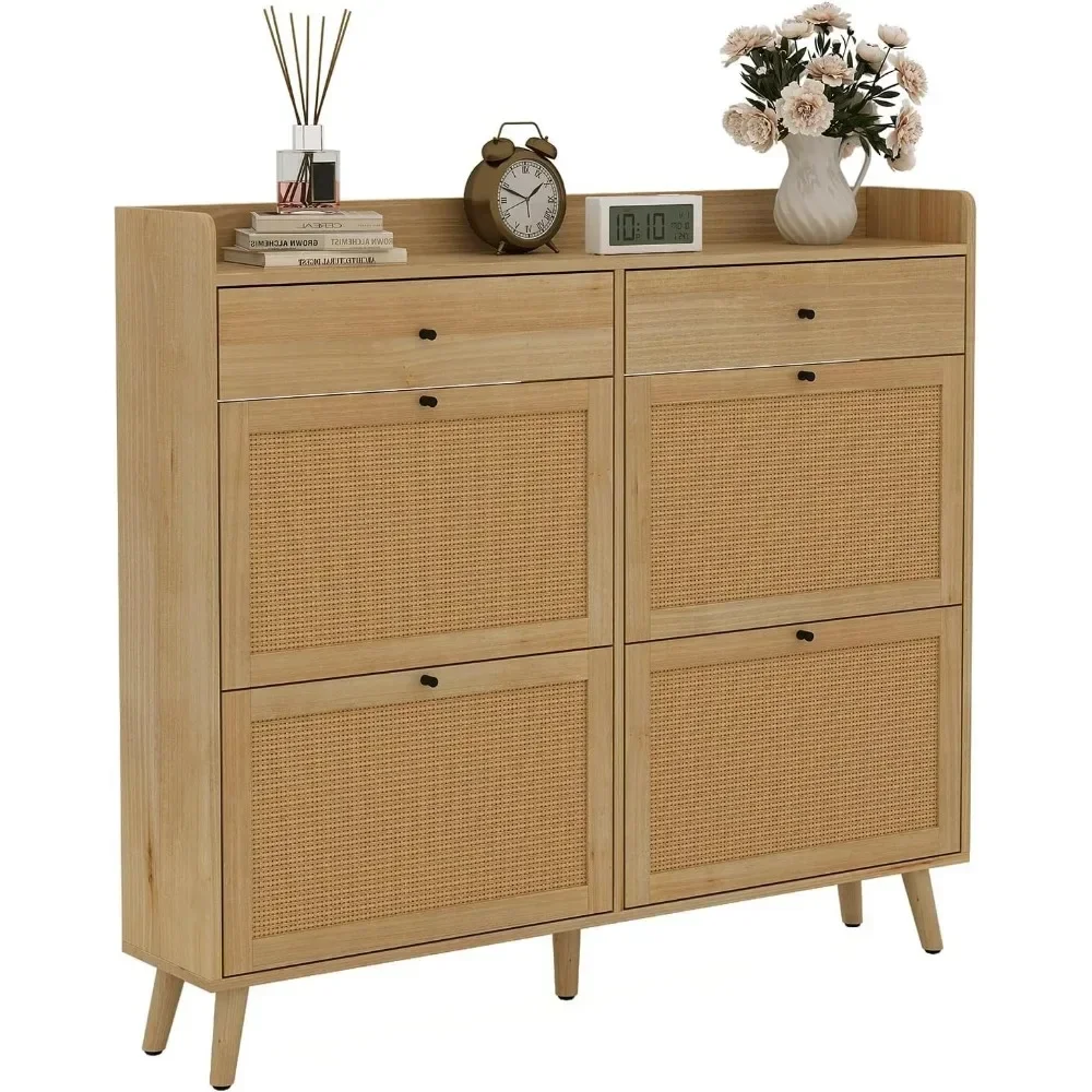 

Wooden Shoe Storage Cabinet for Entryway with Flip Drawers Drawers, Hidden Shoe with Rattan Doors for Entrance Living Room
