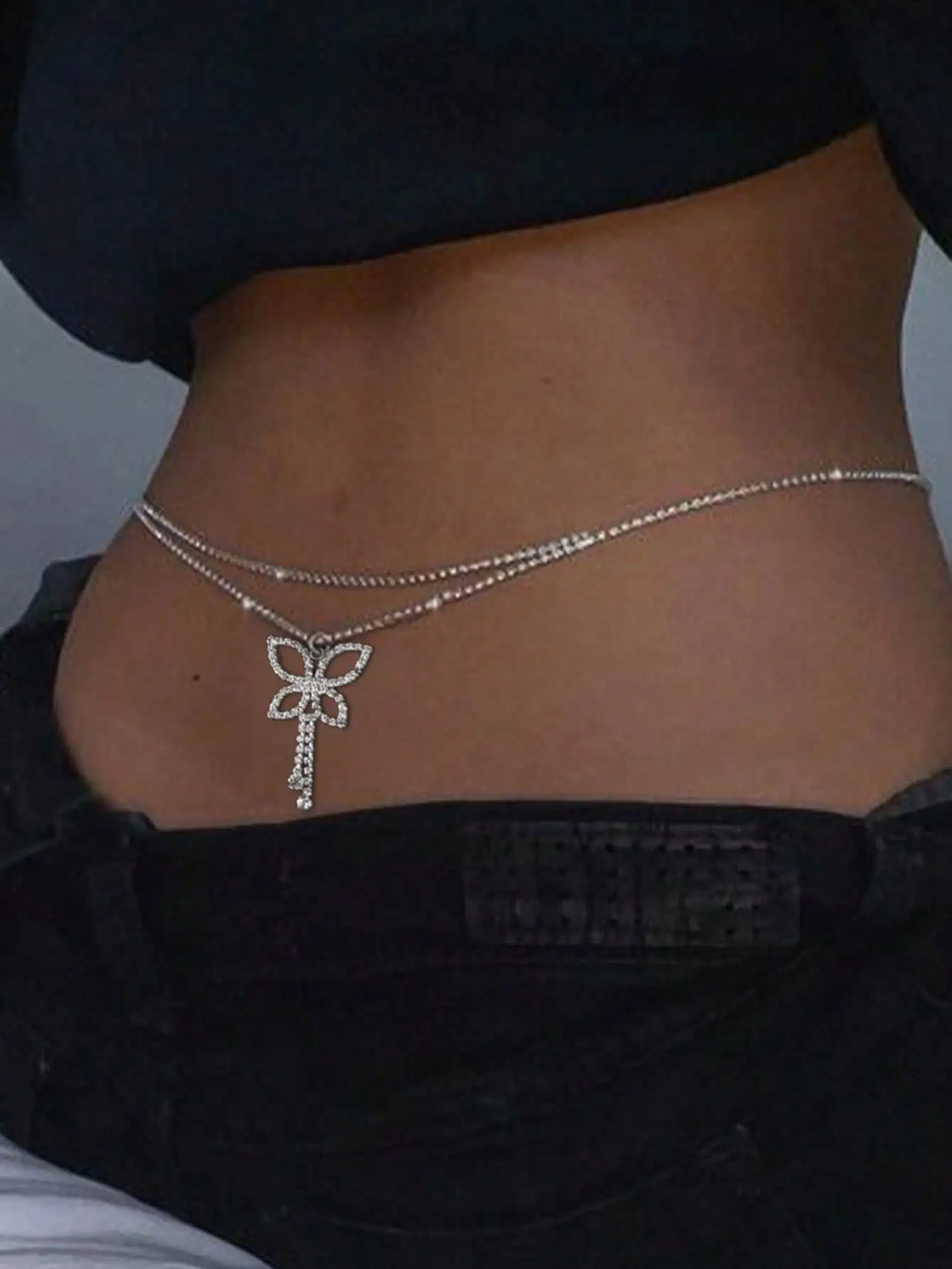 

Double Layer Butterfly Waist Chain with Rhinestone & Tassel for Beach, Silver Tone
