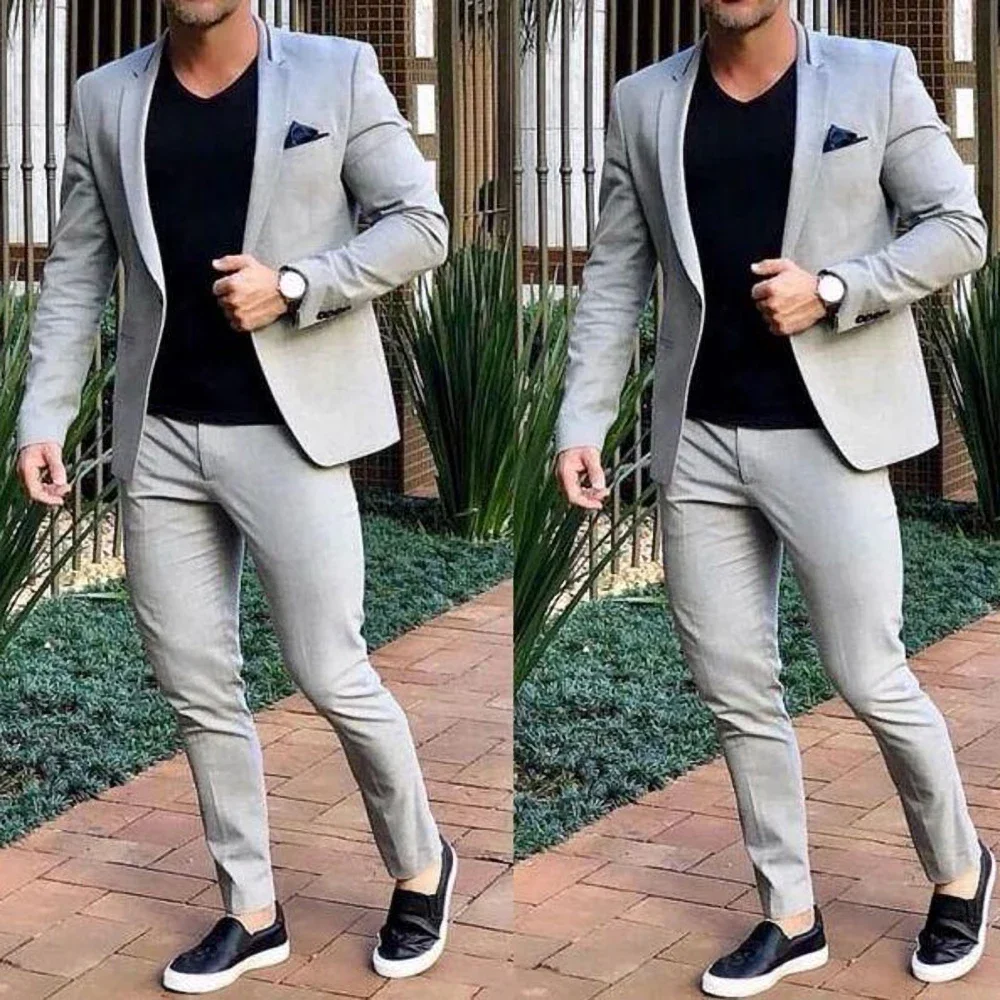 

Gray Solid Men Suits 2 Piece Formal Notch Lapel Single Button Outfits Fashion Business Wedding Groom Tuxedo Blazer with Pants