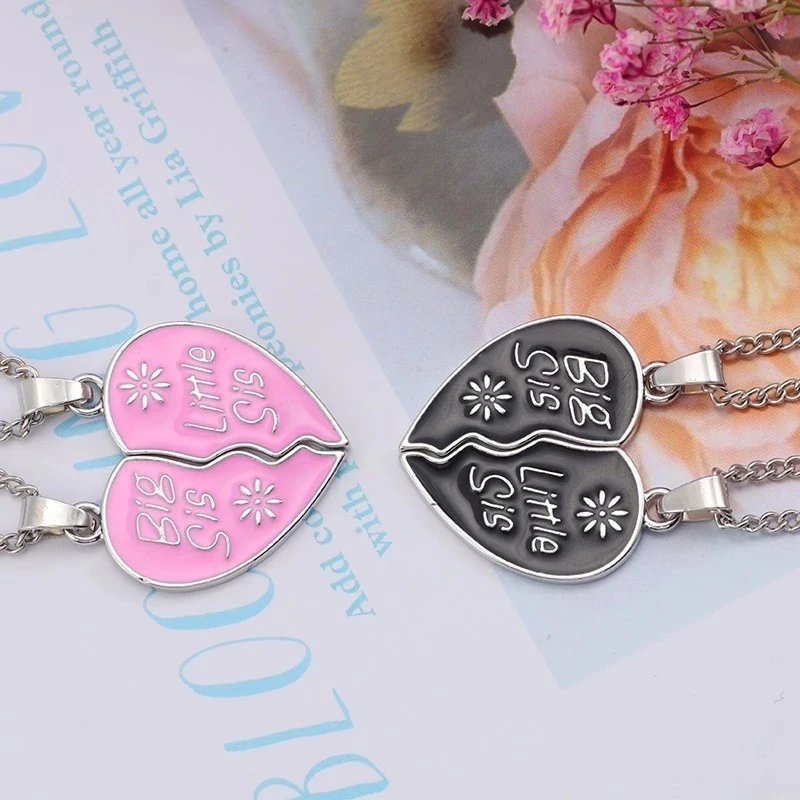 Fashion Big Sis Lil Sis Necklace For Girl Love Heart Shaped BFF Best Sister Pendant Friendship Jewelry Black Pink Family Gift