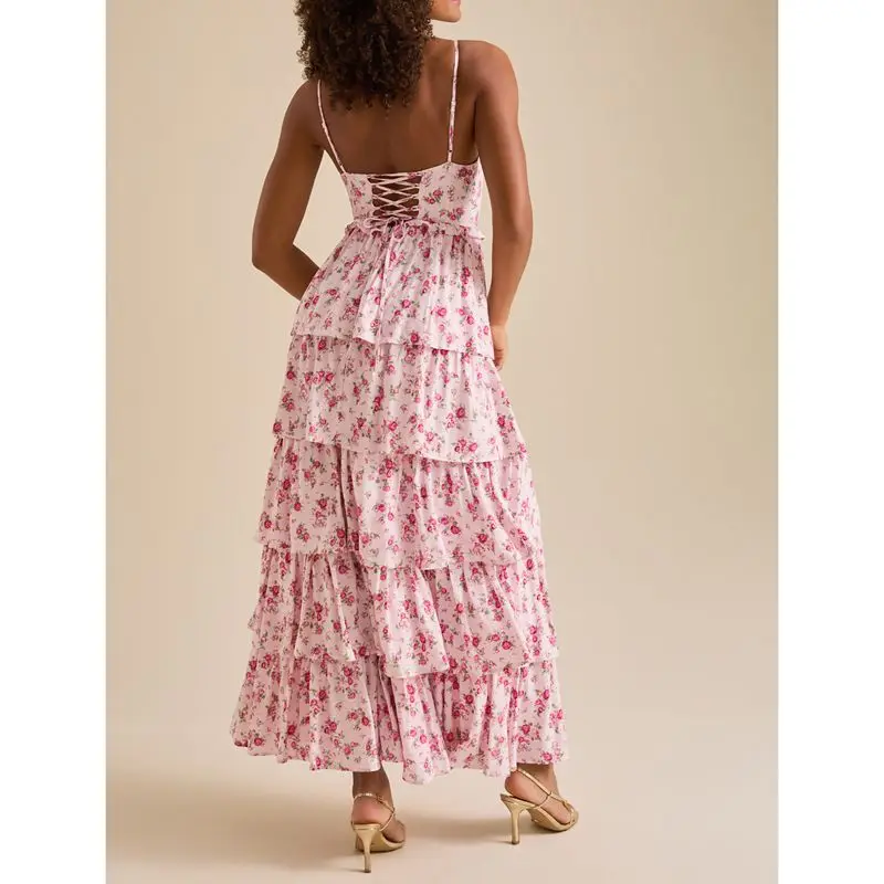 Combhasaki ผู้หญิงสปาเก็ตตี้สายรัด Twist V คอ Multi-Layered Ruffles กลับ Tie ผ้าพันคอดอกไม้สาย Cami ชุดยาว