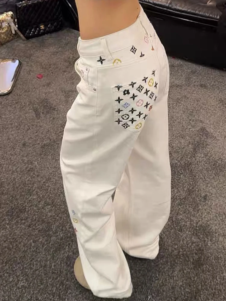 

Женские широкие джинсы Y2K, прямые брюки с высокой талией и вышивкой, свободные белые облегающие брюки премиум-класса, осень