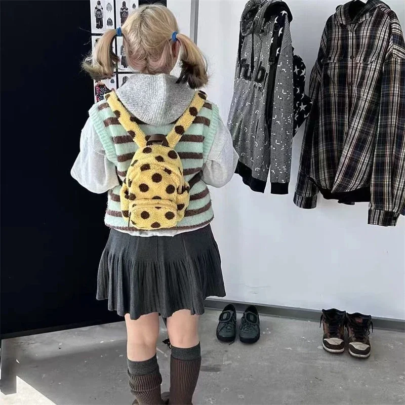 

Мини-рюкзак с плюшевым покрытием и узором в горошек, в английском стиле, для осени и зимы, для путешествий, школы, для детей и девочек, милый, для повседневных прогулок, на встречу с друзьями, в подарок