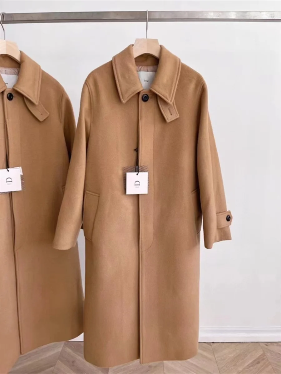 

Ice Simple Winter Commute Pure Color Woolen Coat Korean Sle Long Sve Button up Stand Collar Wrap around Design