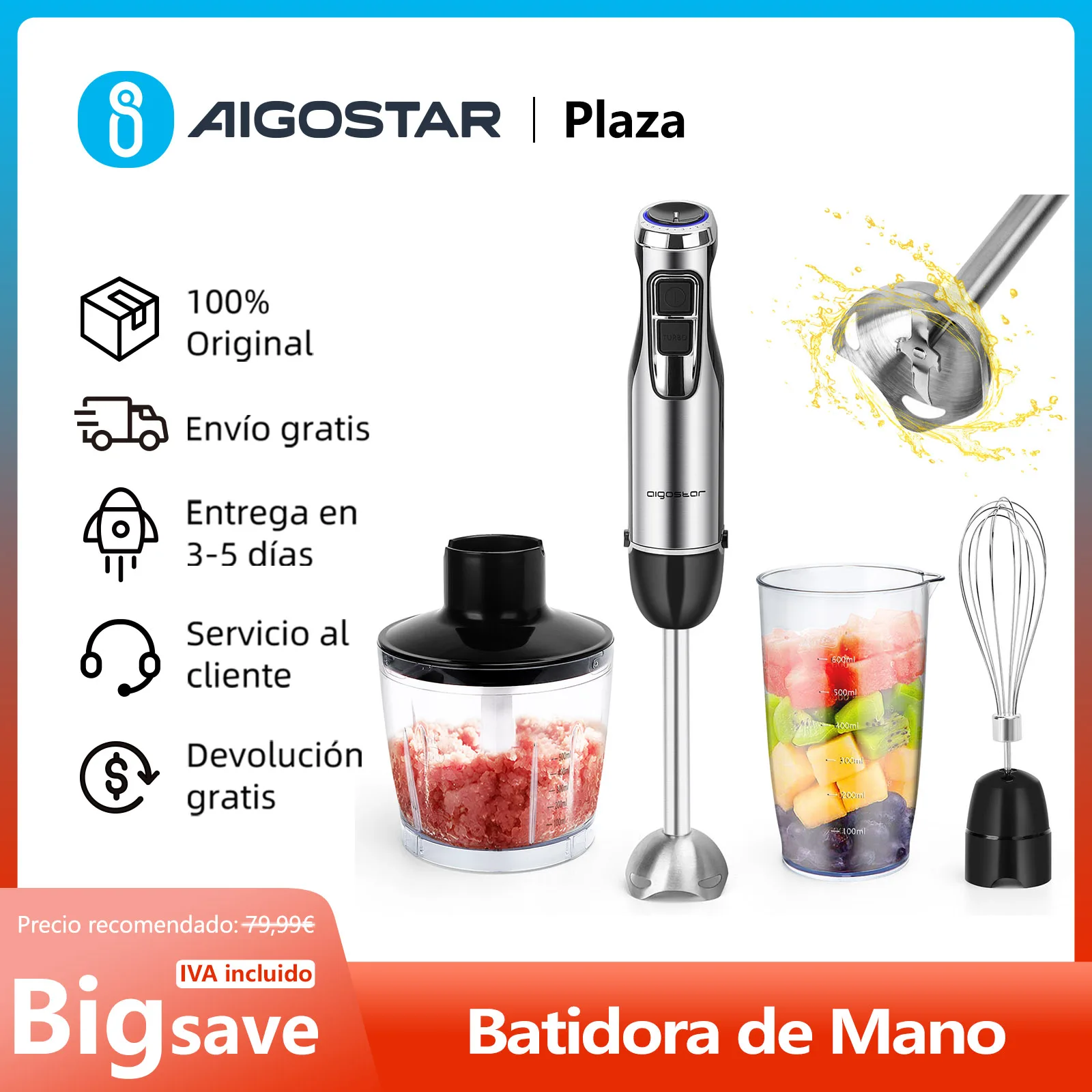 Batidora de Mano 4 en 1, 6 Velocidades y Función Turbo, Vaso Picador de 500ml, Vaso Medidor de 600ml y Batidor de Huevo, 1000 W