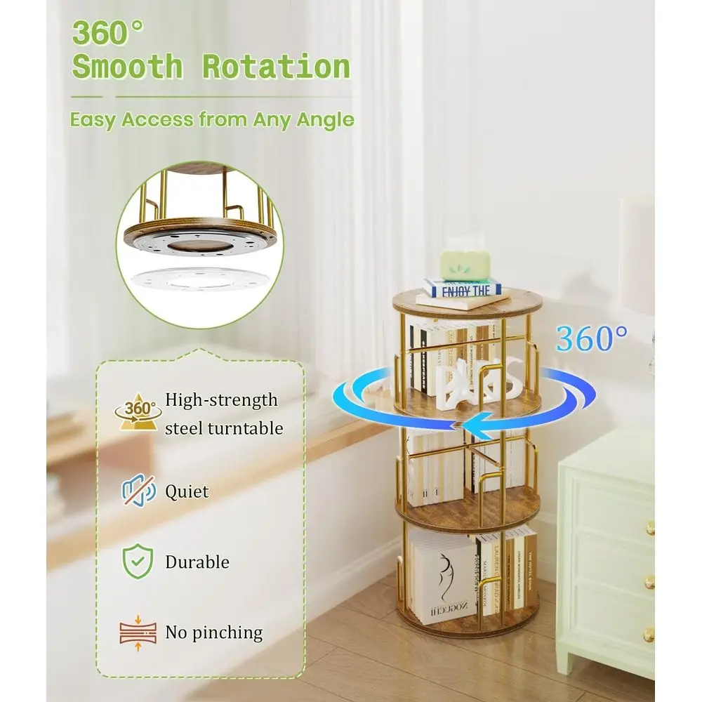 Gold 37 3-Tier Rotating Bookshelf Tower - Floor Standing, Anti-Tip Design, Metal & Wood, Space-Saving for Small Spaces, Ideal fo