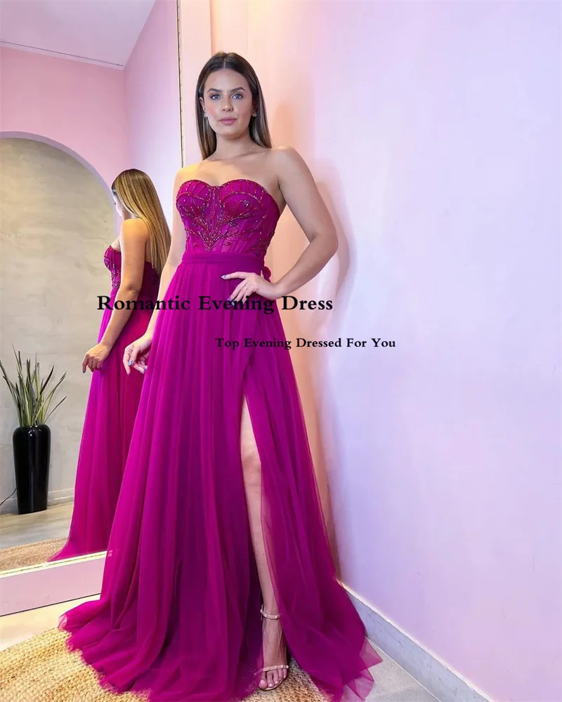 Romantic A Line Tulle Prom Gowns Side High Silt Sweetheart With Beads Long Evening Dress Saudi Arabia Cocktail Dress For Womem