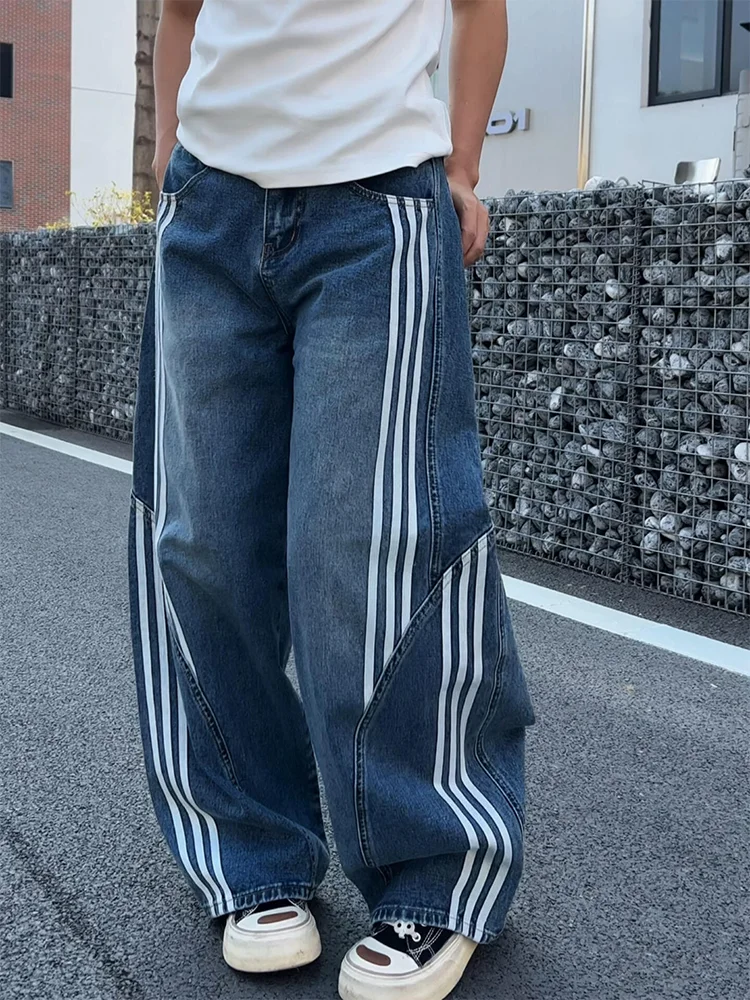 

Женские джинсы с высокой талией и широкими штанинами, повседневные, свободного кроя, с эффектом потертости, в американском ретро-стиле, с тремя полосками, из денима, больших размеров