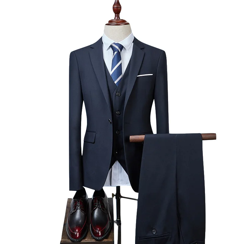 

KIDWHXR Man Suit Set Single-breasted Blazer Male V-neck Vest Straight-leg Pant Men Simple Solid Business Casual 3-piece Outfit