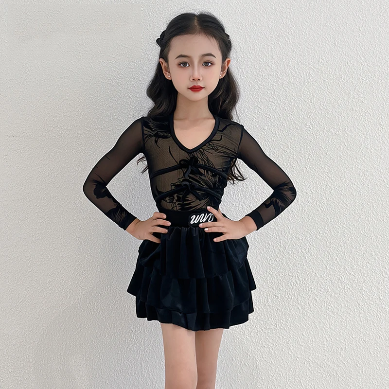 

Одежда для латинских танцев для девочек, новый черный танцевальный костюм, трико с длинными рукавами, юбка-тортик, детская одежда для ча-ча-румбы VDL4385