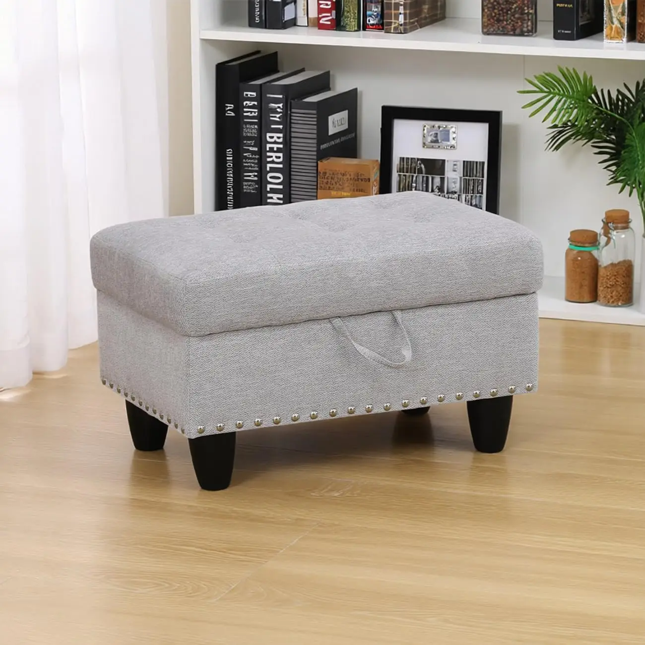 28.5 Inch Large Square Storage Ottoman with Retro Rivet, Thick Cushion Footstool Bench Coffee Table, Grey Light Linen, for Home Decor, Entryway, Living Room, Bedroom, RV