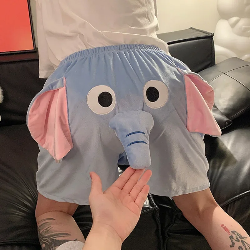 Elephant Big Nose Ears Trunk Homewear Funny Couple Pajamas Shorts Cartoon Furry Flannel Sleep Bottoms Loose Casual Loungewear