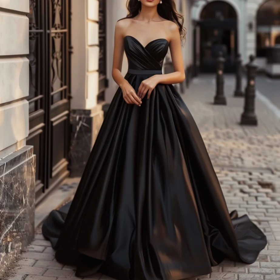 Black Satin Strapless Sweetheart Full Length Lace Up Back Formal Prom Evening Dress Brithday Elagant Skirt Hand Made Custom W6-2