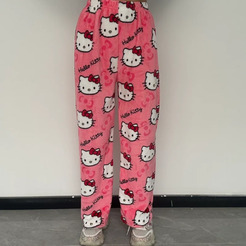 مرحبا كيتي Y2k Kawaii الفانيلا بنطلون بيجاما النساء الخريف الشتاء الدافئة الصوفية أفخم اصطف الكرتون شريك صالة المنزل بنطلون #6
