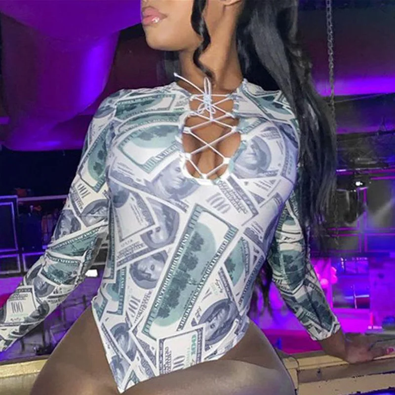 Mode Europa und die Vereinigten Staaten Top Frauen sexy Gewürz Mädchen Overall weißes Top neues Rundhals bedruckter Overall