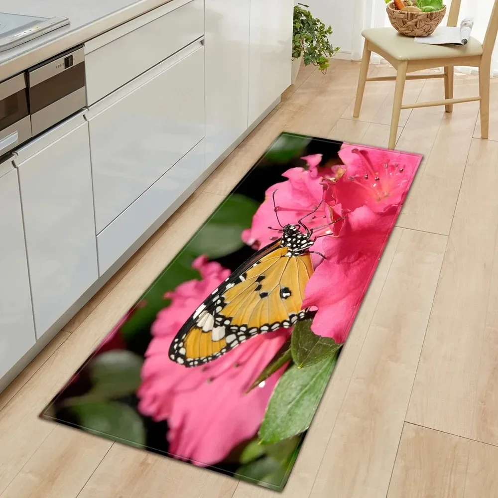 Non Slip Washable Butterfly & Flower Theme Runner Mat High Definition Nature Pattern Rug for Kitchen Hallway Home Decor Floor
