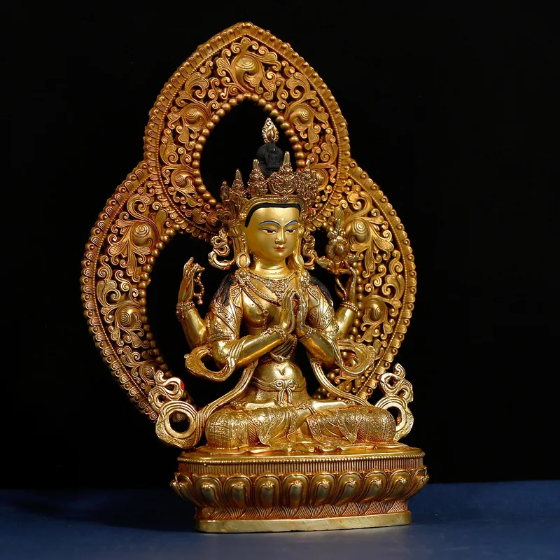 Tibetan-style fully gilded copper four-armed Guanyin Buddha statue with backlight for home worship and temple decoration
