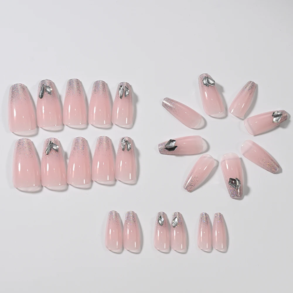 24 Uds. De uñas postizas de estilo francés rosa con diamantes de imitación, ataúd medio brillante, prensa en uñas, brillo, uñas postizas reutilizables, manicura * ^