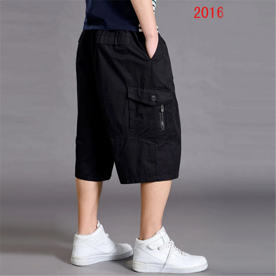 Summer Calf-length Pants Men Solid Color Baggy Pants Fashion Casual Elastic Waist Short Pants Male