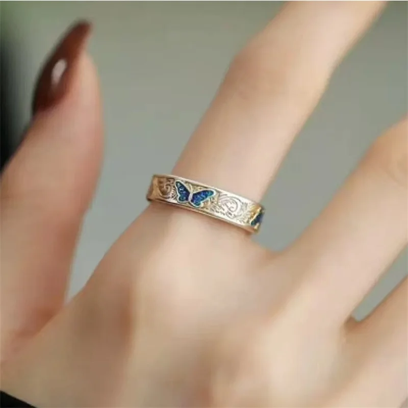 

Temperament Golden Lines Flower Ring Women Jewelry Adjustable Romantic Blue Butterfly Ring For Lady Party Accessories