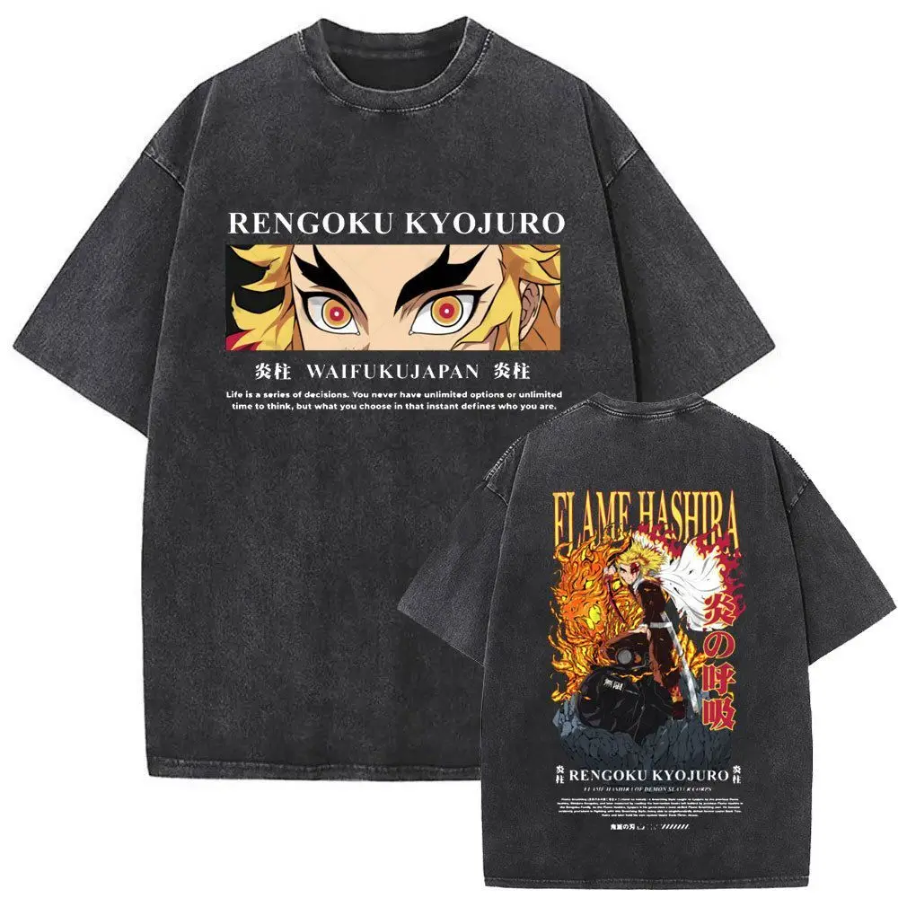 Retro Washed Vintage Summer Short Sleeved Anime Devil Killer Demon Slayer Blade T-shirt Unisex T-shirt with Dark Hip-hop Print