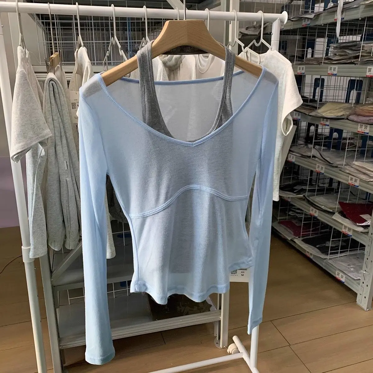 

Summer Sweet Korean T-Shirts Two Piece Set Women's Long Sleeve Translucent Tops + Elastic Vest Sunscreen Slim Fit Casual Set