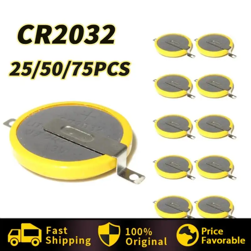 CR2032 3V Lithium Button Battery com Pins Tabs, Horizontal e Through Hole Type, CR2032-T14, Retro Games, PCB, 25 PCs, 50 PCs, 75PCs