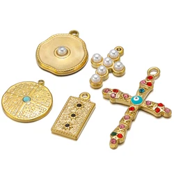 5pcs Stainless Steel Cross Pearls Zircon Charms Pendants for DIY Earrings Making Necklace Fashion Jewelry Findings Wholesale