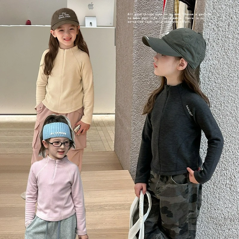 Girls' Autumn Campus Hoodie Soft and Comfortable Warm Jacket Children Slim Fit Stand Up Collar Sports Jacket