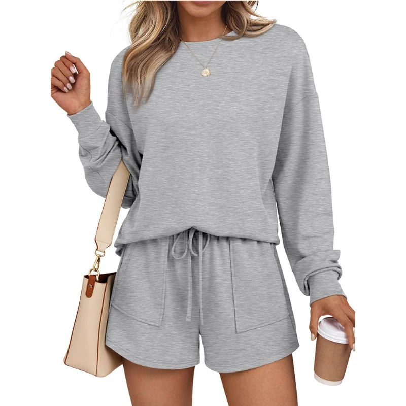 Pant Set Women Two Piece Sets Jogger Tracksuit Round Neck Full Sleeve Tops Short Pants Elastic Waist Y2k Streetwear Elegant 2026