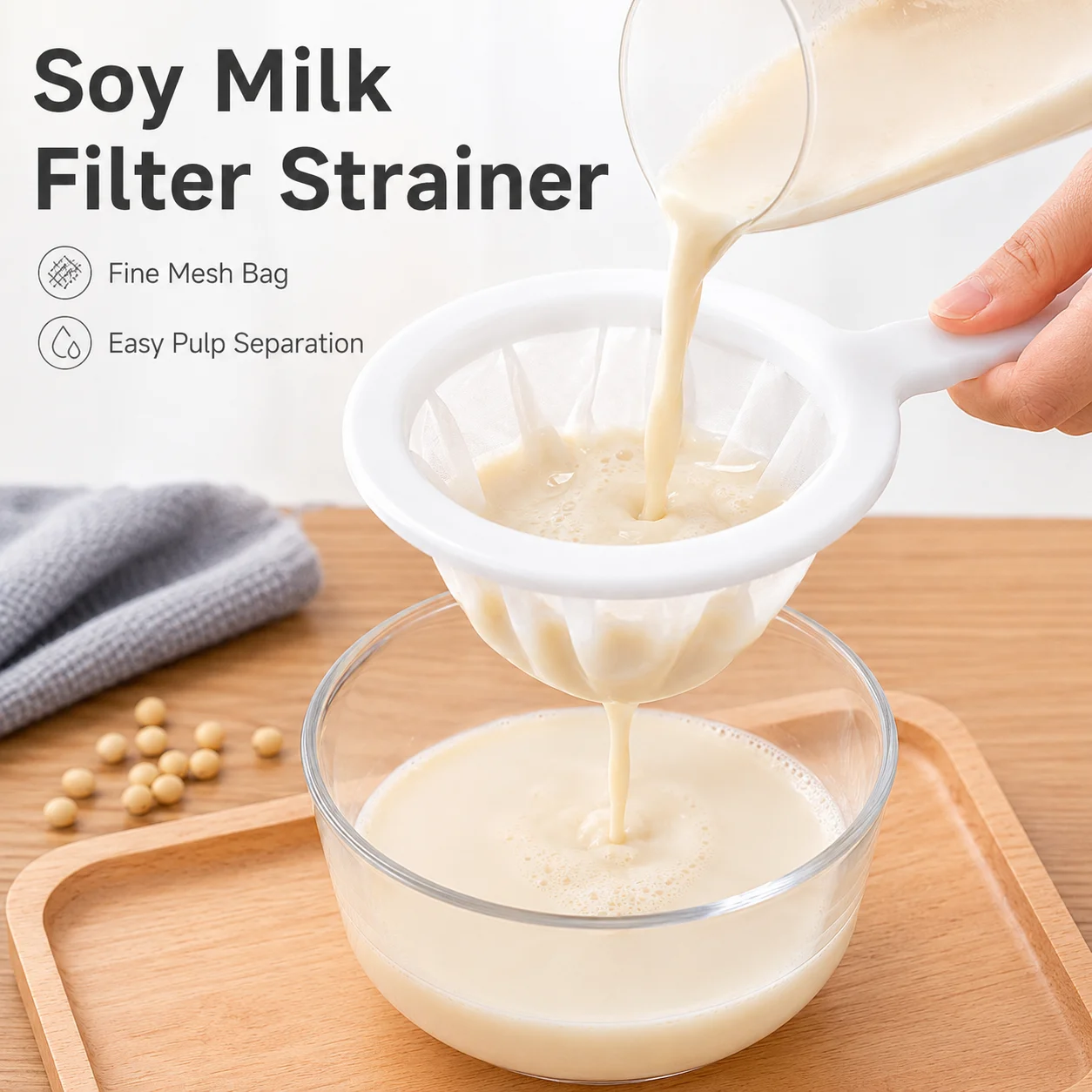 Soy Milk Filter Strainer Fine Mesh Nylon Sieve Handheld Kitchen Filter for Nut Milk Juice Pulp Residue Separation with PP Handle