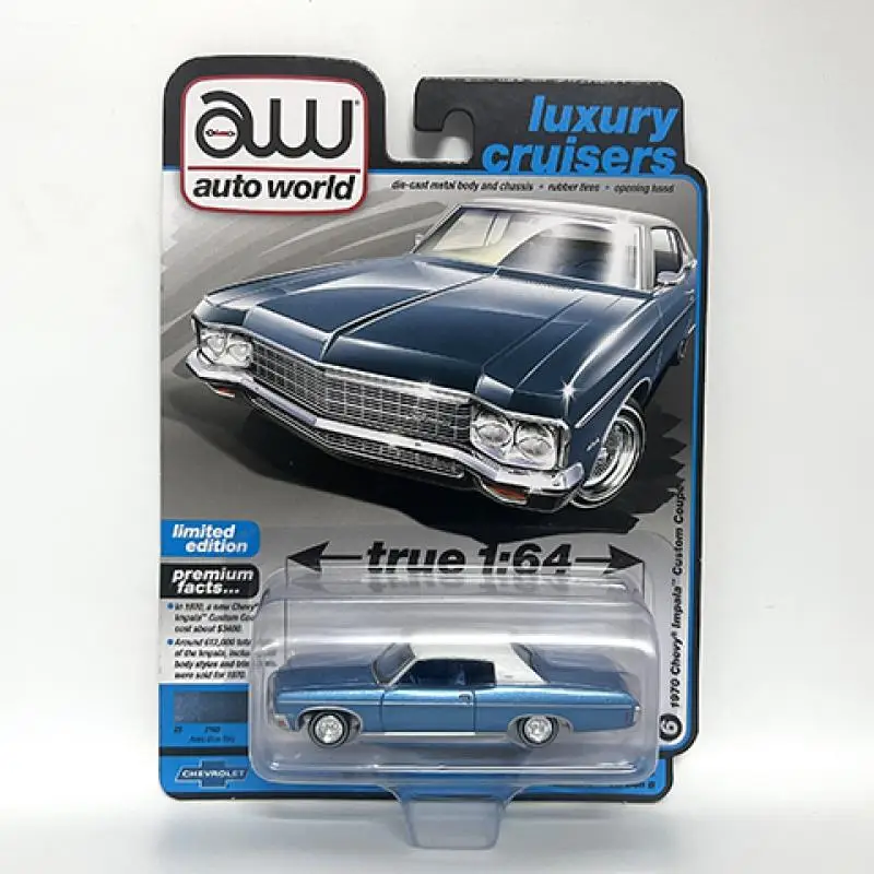 

Автомобильный мир 1/64 AW 1970 Impala Custom Couper Роскошные крейсеры Синий литой сплав модель автомобиля коллекция игрушек подарок для детей