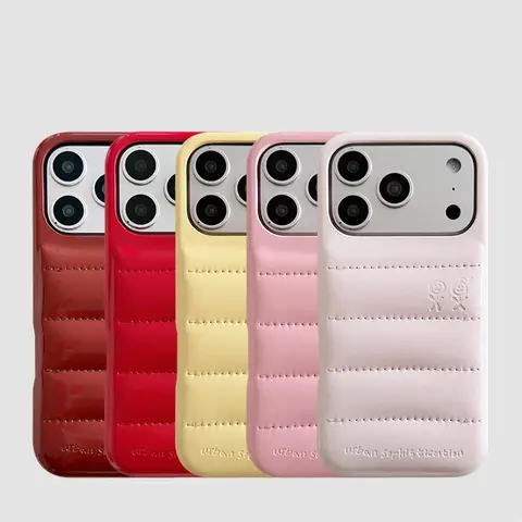 Luxury PU Leather Puffer Phone Case For iPhone 17 16 15 14 Pro Max 13 Shockproof Cover Urban Sophistication Down Jacket Caps