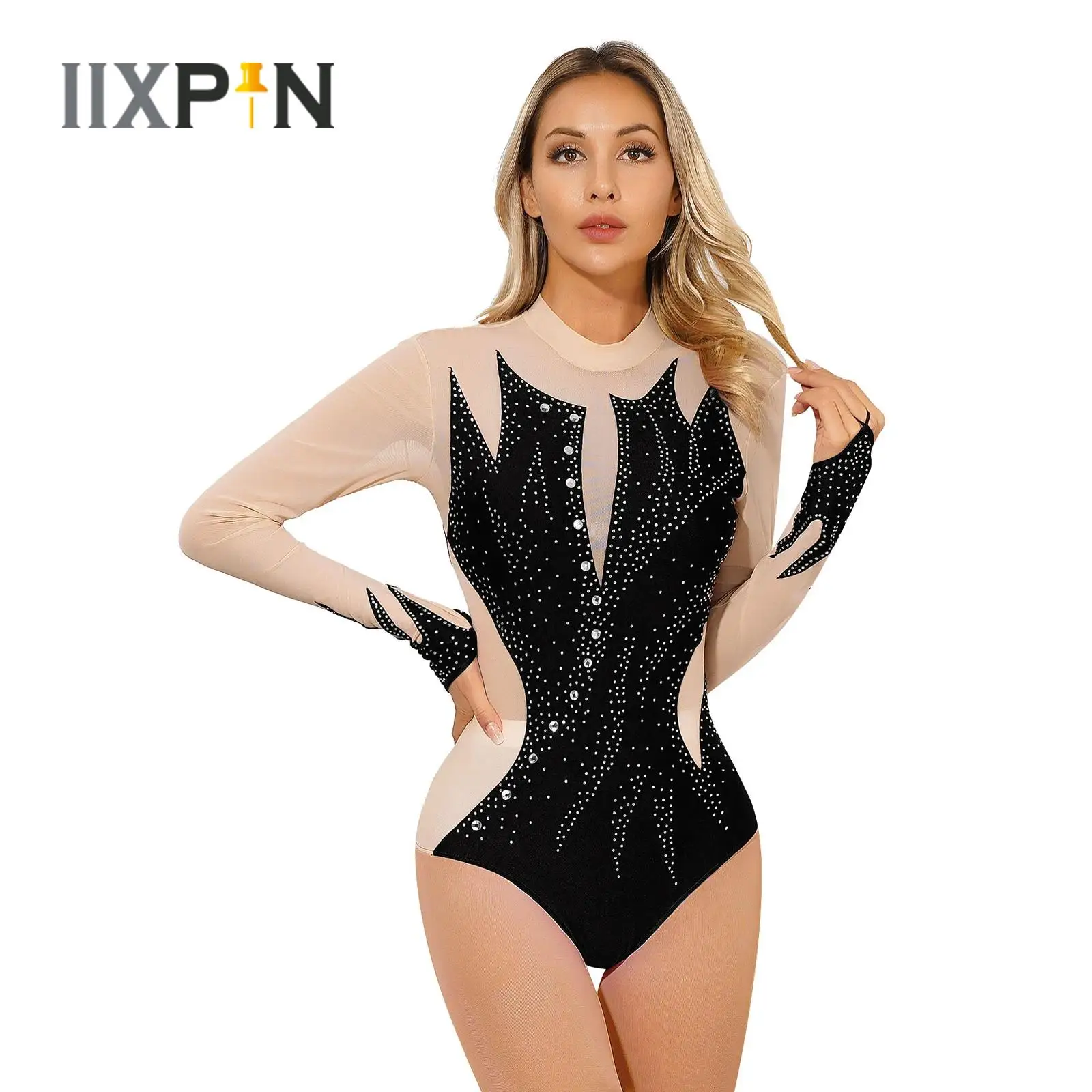 

Womens Figure Skating Costume Ballet Dance Gymnastics Leotard Fashion Long Sleeve Shiny Rhinestone Sheer Mesh Patchwork Bodysuit