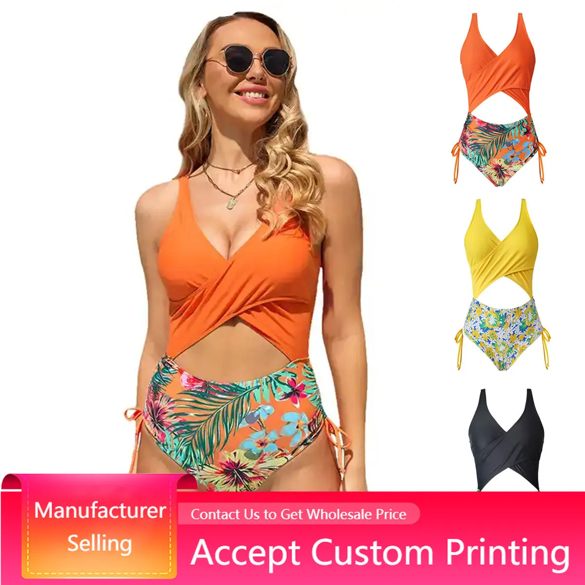 

Summer Swimwear Women Tummy Control Bathing Suit V Neck Cutout Print Floral One-piece Swimsuit Sexy Backless Bikini Beachwear