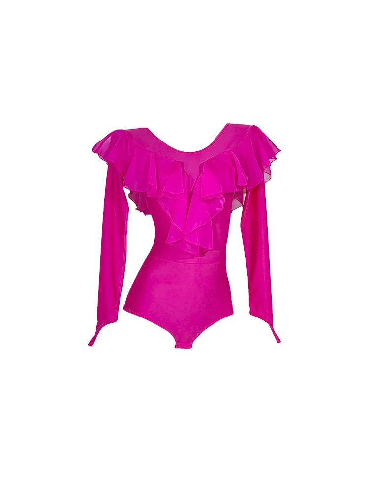 2024 Nationale Standaard Dance Leotard Lange Mouw Dans Roze Top Ballroom Dans Jumpsuit Moderne Dance Top Adl128