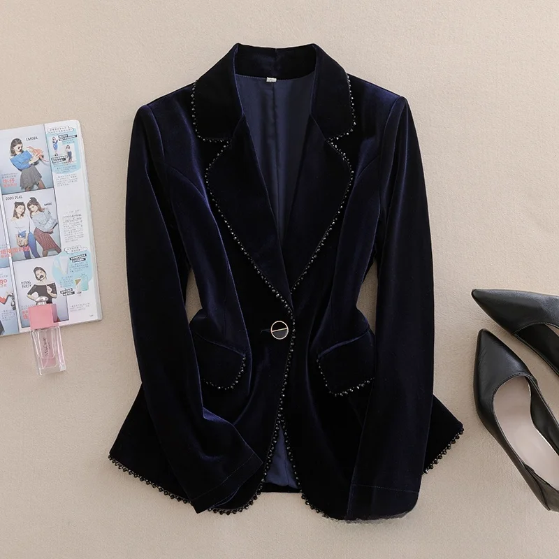 Traje de Terciopelo de Alta Gama para Mujer, Conjunto de Dos Piezas Estilo Francés para Primavera y Otoño, Talla Grande, Chaqueta Profesional