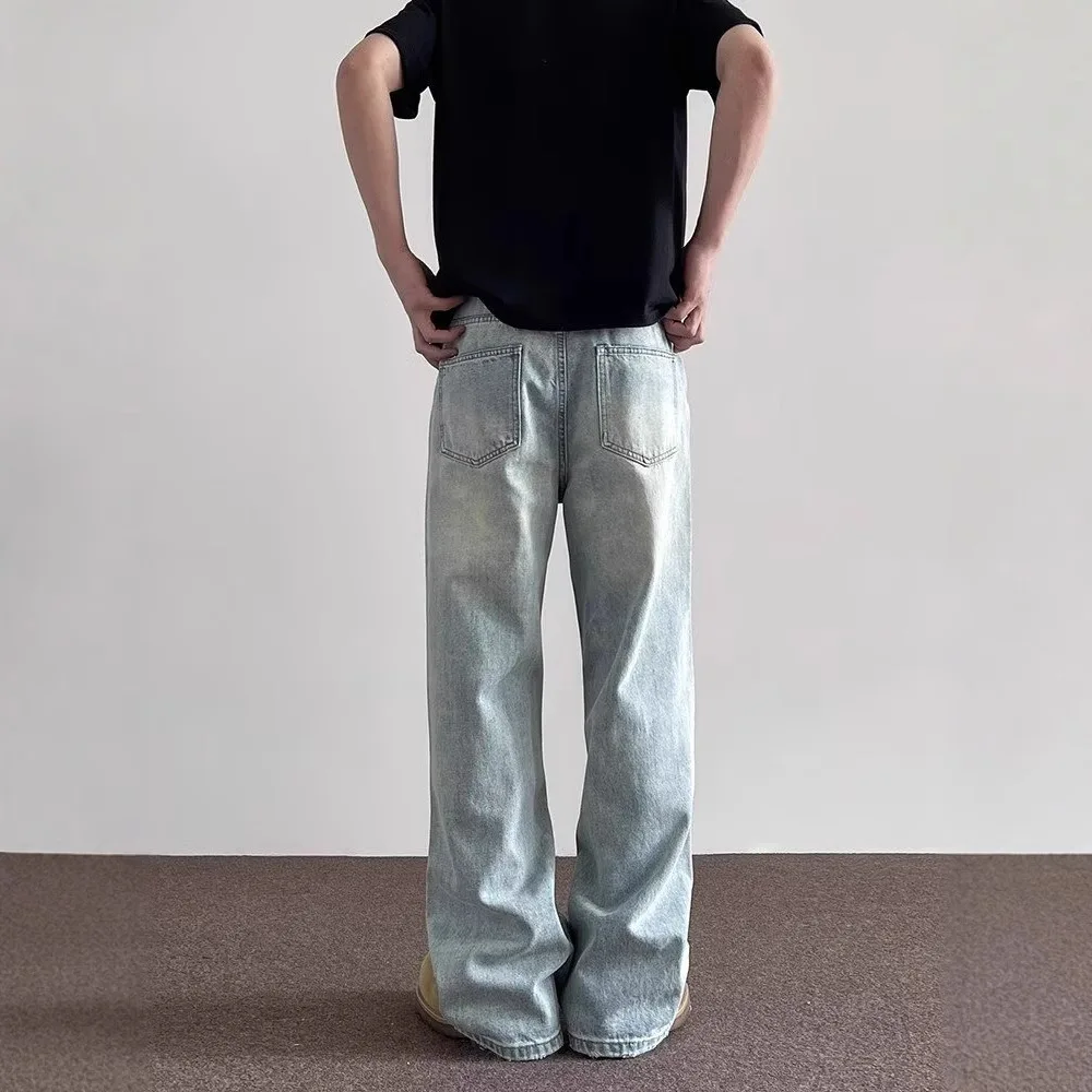 American High Street nueva moda 2025 hombres azul claro recto Casual de moda suelta pantalones vaqueros de pierna ancha pantalones vaqueros masculinos