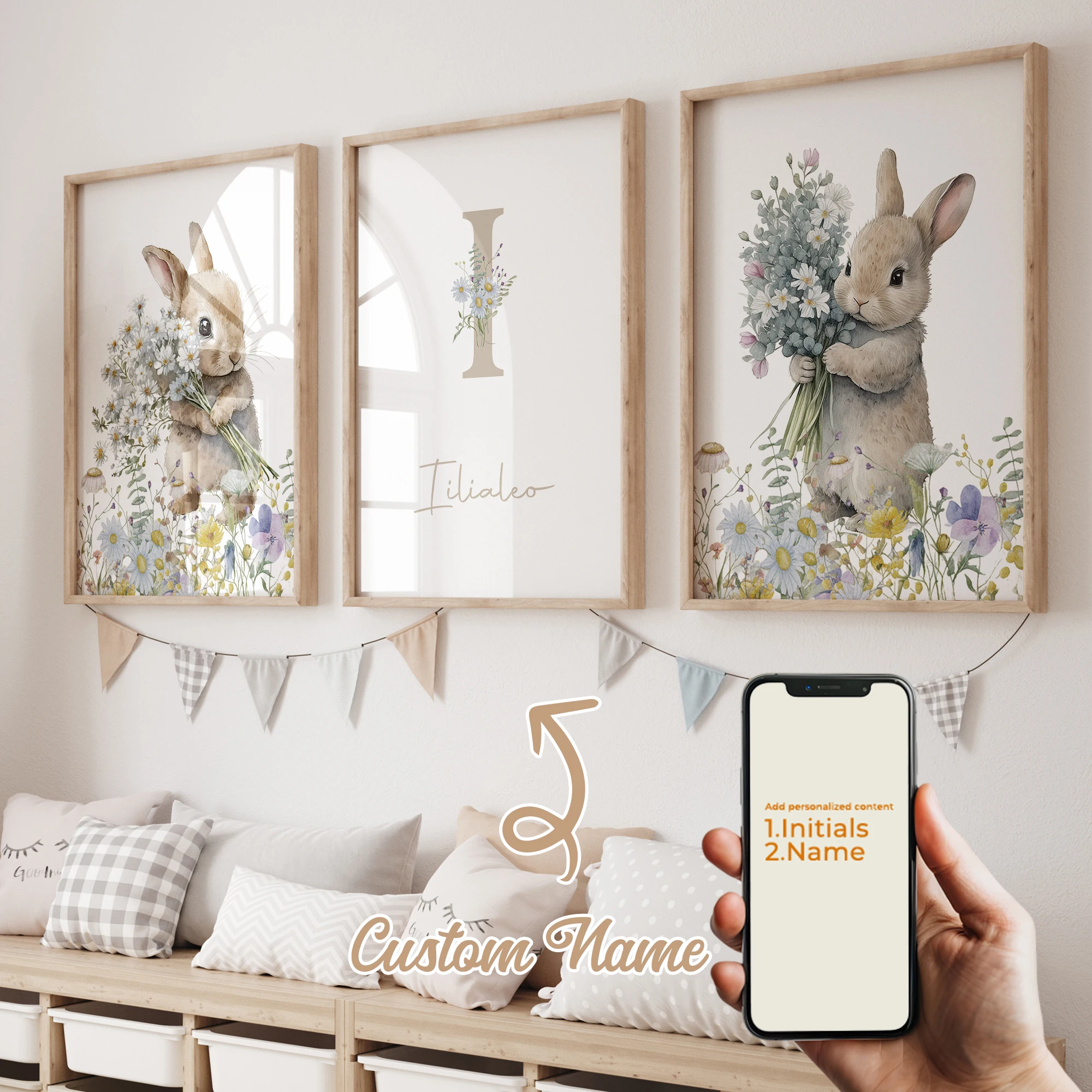 3 stücke Personalisierte Benutzerdefinierte Name Cartoon Kaninchen Wand Kunstdruck Bild Leinwand Poster Malerei Für Wohnzimmer kind Zimmer Wohnkultur