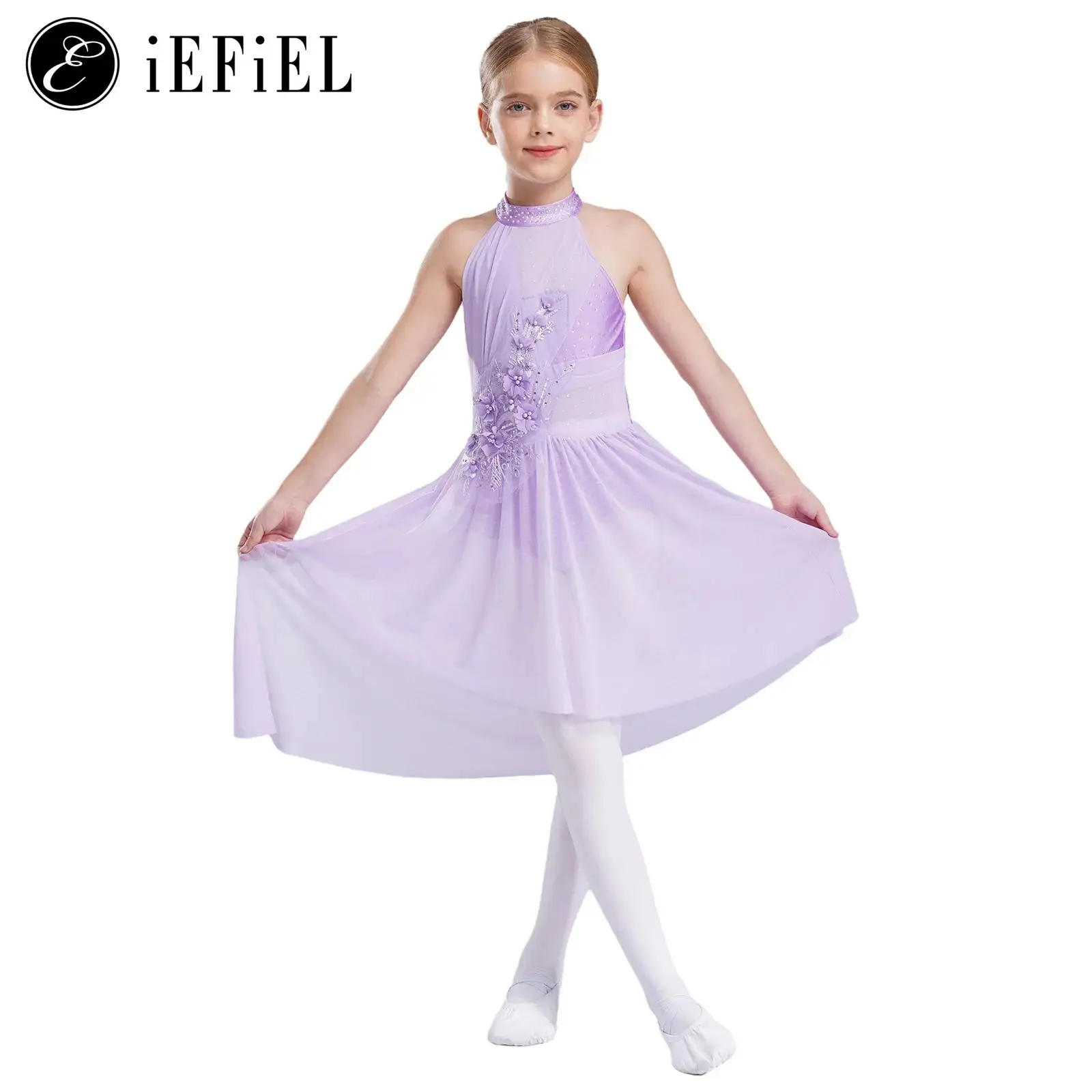 Girls Lyrical Dance Dress Halter Straps Back Rose Applique Ballet Leotard Chiffon Irregular Skirts Modern Contemporary Costume