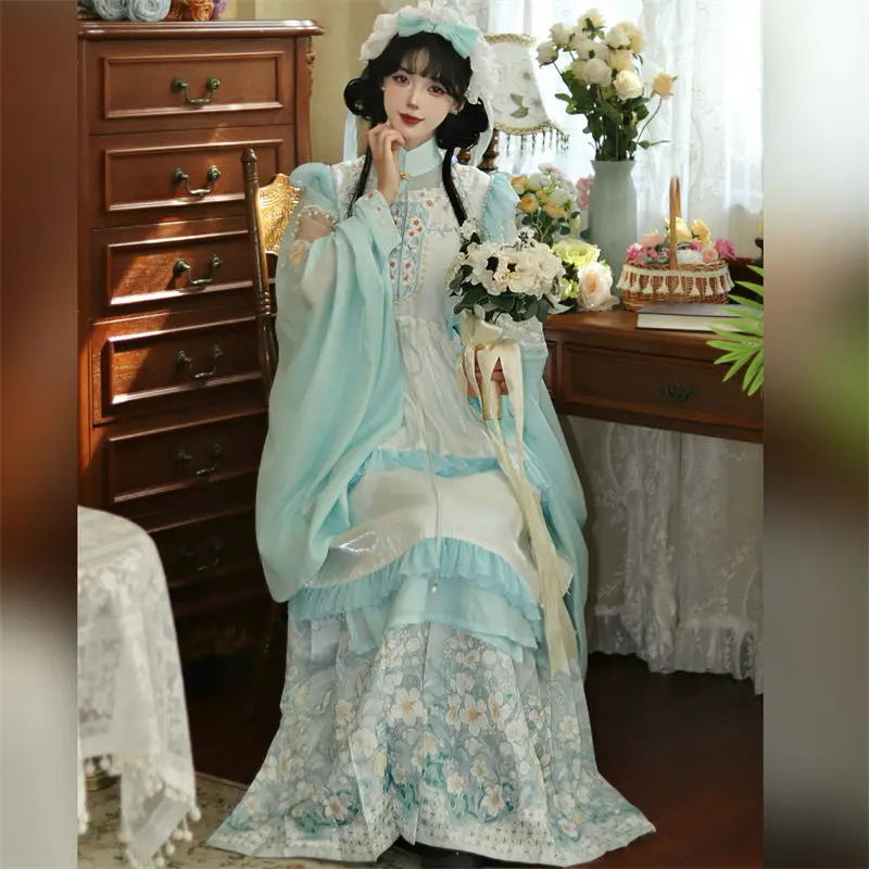 The Bloof-Vêtements Hanfu Modernes, Haut Long, Jupe Visage de Cheval, Surjupe Lolita, Violet, Bleu, Ensemble Mignon, Tempérament Élégant