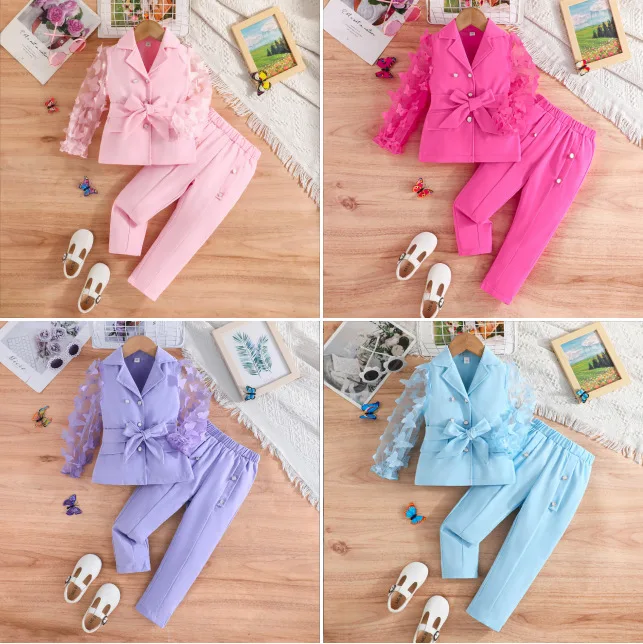 

2025 Autumn and Winter New Girls and Children Long-sleeved Bow Mesh Sleeves Jacket Trousers Two-piece Set