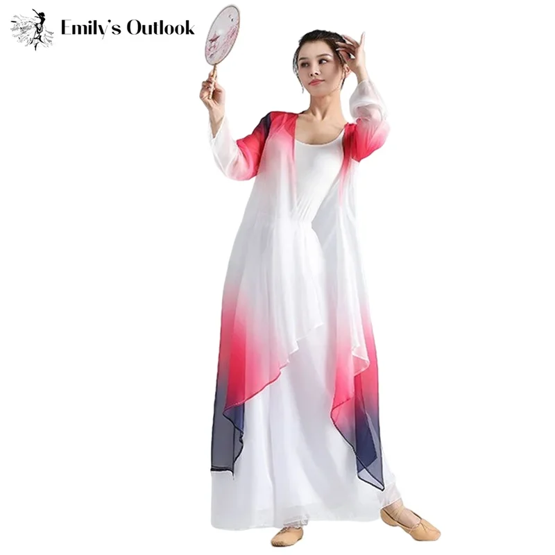 Women Classical Dance Long Dress Flowy Loose Shirt Chiffon Harem Pants Dancer Practice Wear Chinese Folk Dancewear Gradient