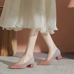 Single Shoes Women's 2025 New Versatile Knitted Shoes Thick Heels and Pointed Toes Slip on Mesh Light Shoes 40 Zapatos De Mujer