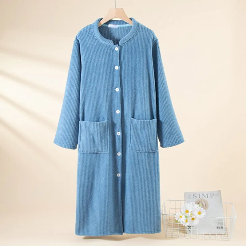 

Button Long Wedding Dress Women's Nightgown Warm Thick Sleepwear Bathrobe Winter Loose Fleece Velvet Woman Shower Robe Pocket
