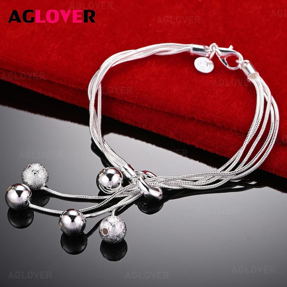 

AGLOVER 925 Sterling Silver Five Snake Chain Pendant Frosted Smooth Five Round Beads Bracelet Fashion Elegant Women Party Jewelr