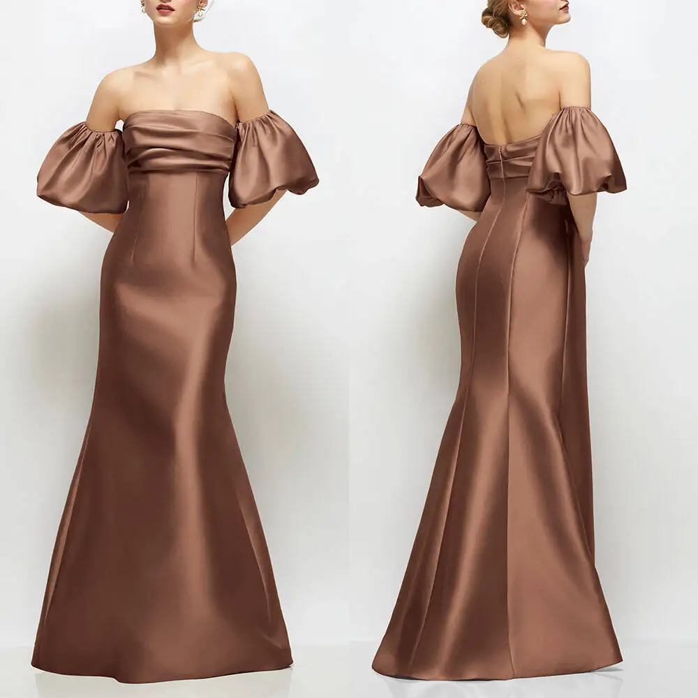 High Quality Customized Dark Brown Satin Strapless Puff Sleeve Maxi Dress Mermaid Formal Evening Gown for Women Prom Dress فستان