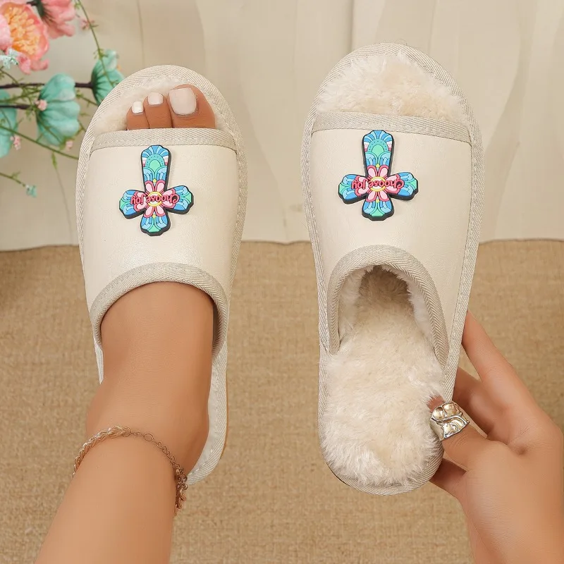 Fashion Cross shaped Ornament Casual Cotton Slippers for Women 2026 Winter Plush Lining Warm Thick Soft Sole Comfort Women Shoes