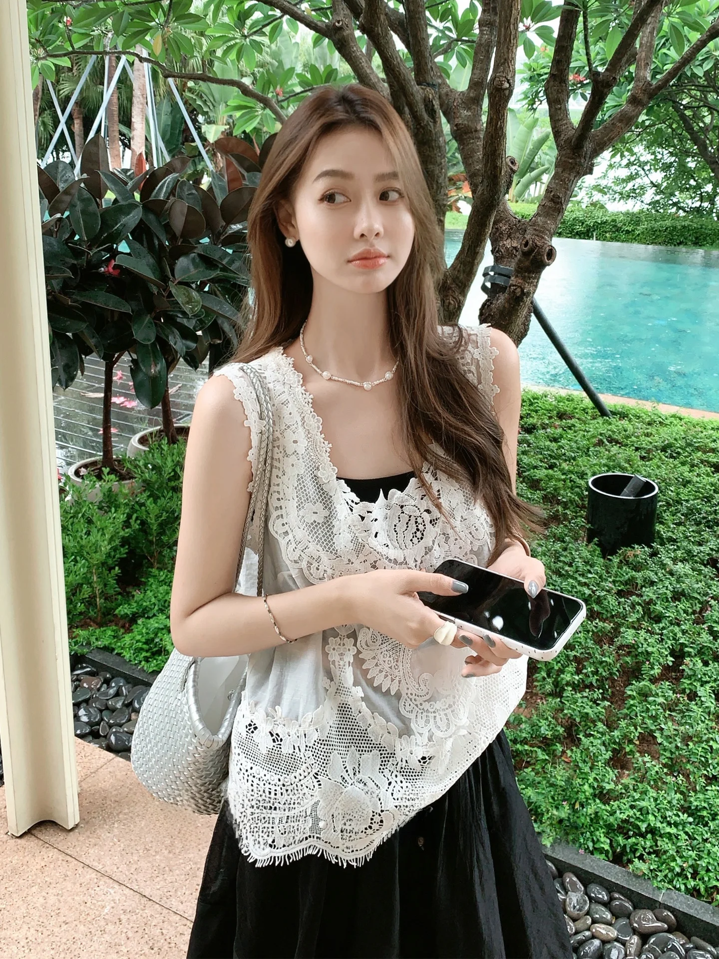 

MeiYang Lace Trim Silk Vest Svel Top Friday Casual Wear Polyester Fiber Loose Fit Outerwear Pure Color Summer 2025