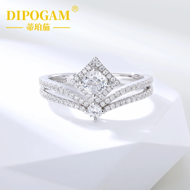 

925 Sterling Silver Ring Lab Created Gemstone V-Shape Ring Elegant Double Band Paved Fine Jewelry Promise Engagement For Women